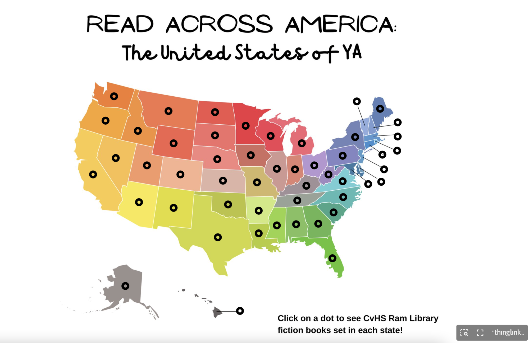 Read Across America: United States of YA at the top, a map of the US has dots for each state, indicating it's a hotlink (in ThingLink)