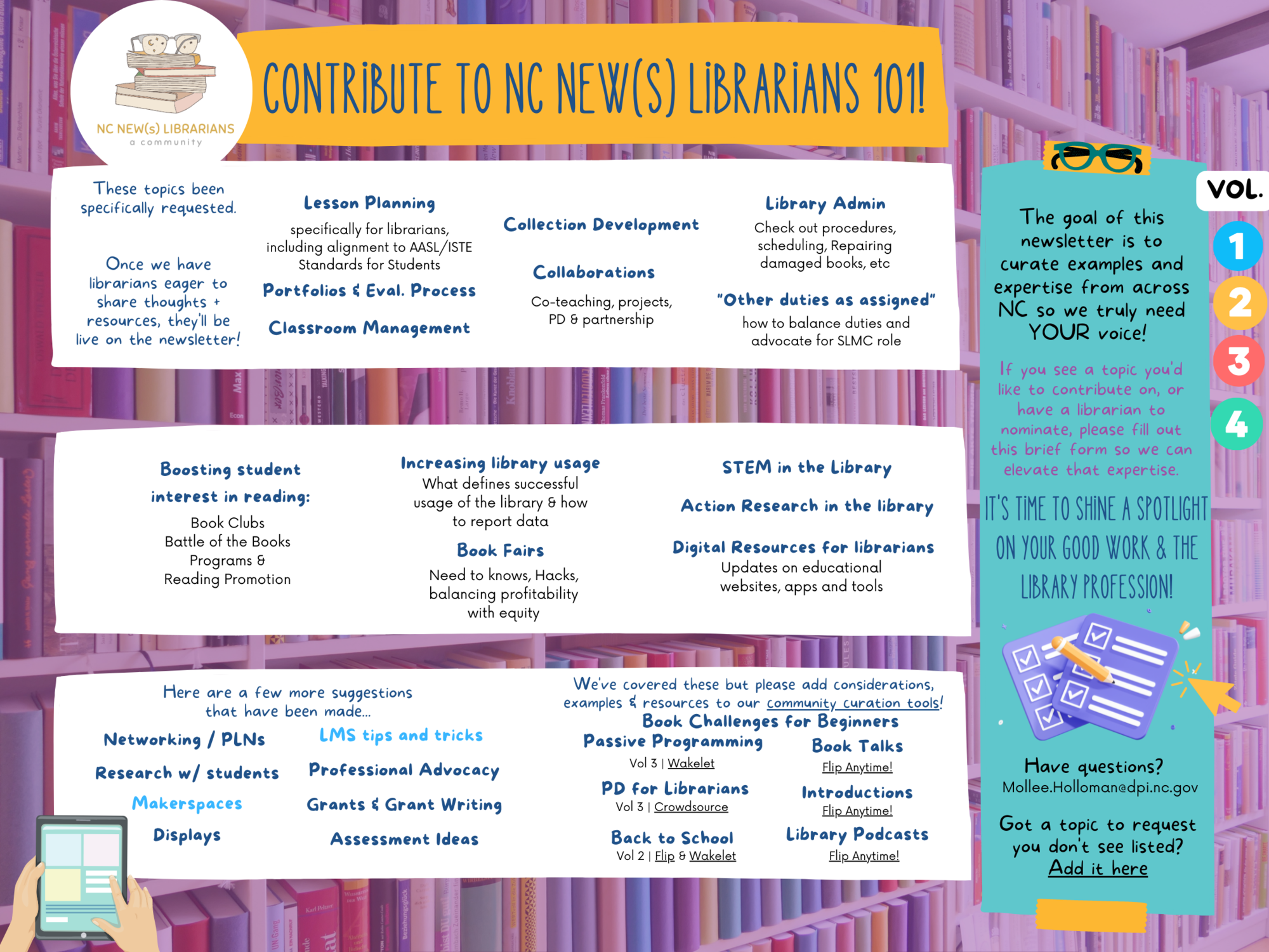 Contribute to the NC NEW(S) Librarians 101 - click on the image for a screen-reader accessible Canva page