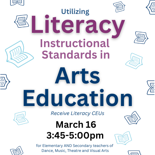 Utilizing Literacy Instructional Standards in Arts Education Banner. March 16 3:45-5pm. Receive Literacy CEUs