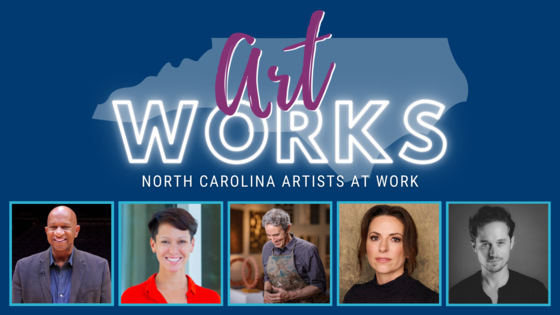 Art WORKS stylized words over semi-transparent image of NC and five artist images