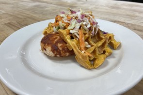 Maple Barbecue Chicken with Sweet Potato Waffle and Apple Slaw