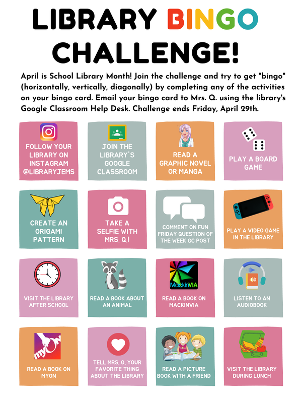 that includes boxes to check off like Play a Board Game, listen to an audiobook, or tell the librarian your favorite thing about the library BINGO card for school library month