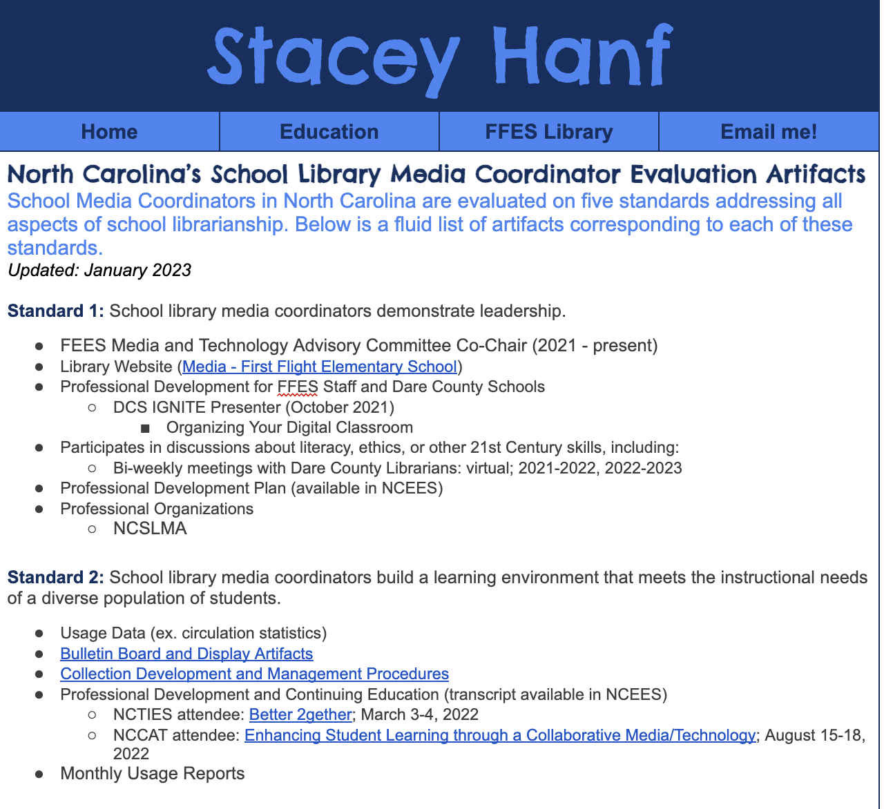 Stacey Hanf artifact document with bulleted items that are evidence of her work
