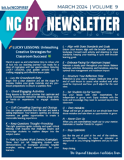 First page of beginning teacher newsletter. White text on blue background. 