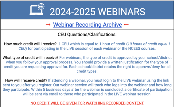 Schoolnet Webinars CEU Questions/Clarifications
