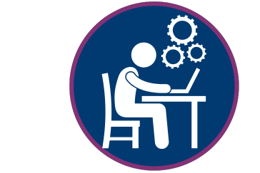 Icon of a person at a desk looking at an open laptop with gears above head