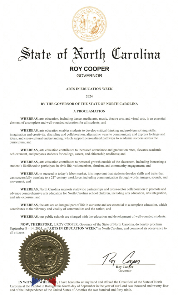 Arts In Ed Week Proclamation signed by Governor Roy Cooper.