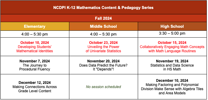 Math Content Series Fall Schedule