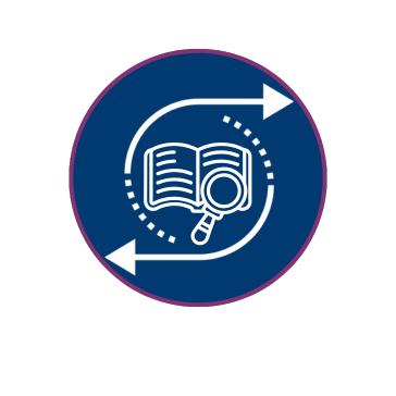 arrows circling open book with magnifiying glass indicating new definition