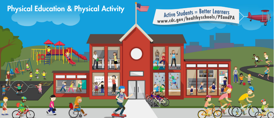 cartoon image of school with young people being physically active in many ways around the building