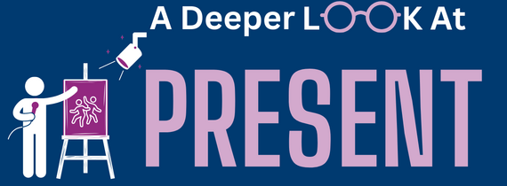 Present Banner with a person holding a mic, in the spotlight, speaking about an artwork depicting dancers