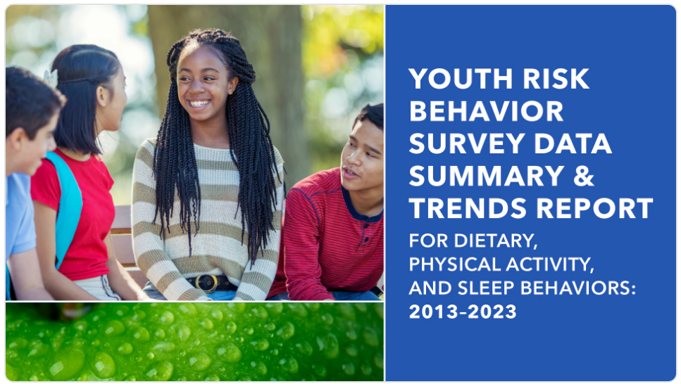 high school students sitting outside and title of YRBS trend report in box beside them