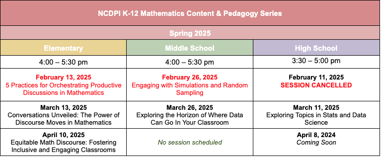 Math Content Series Spring Schedule