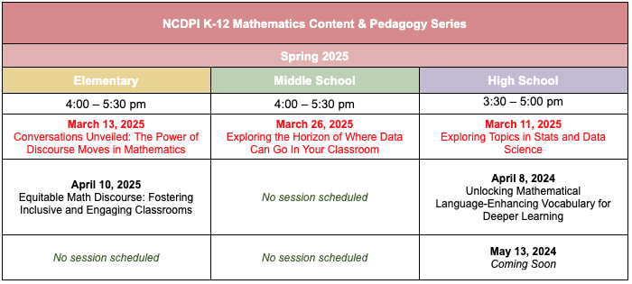 Math Content Series Spring Schedule