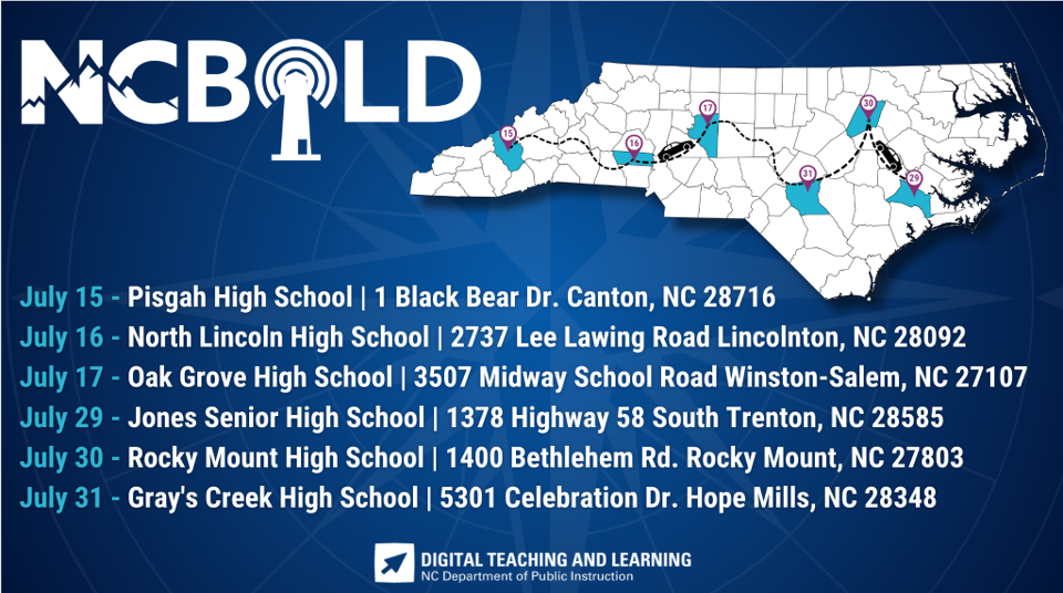 NC Bold graphic showing a map of the state and the six locations of the conference. Info in the graphic is copied in text below.