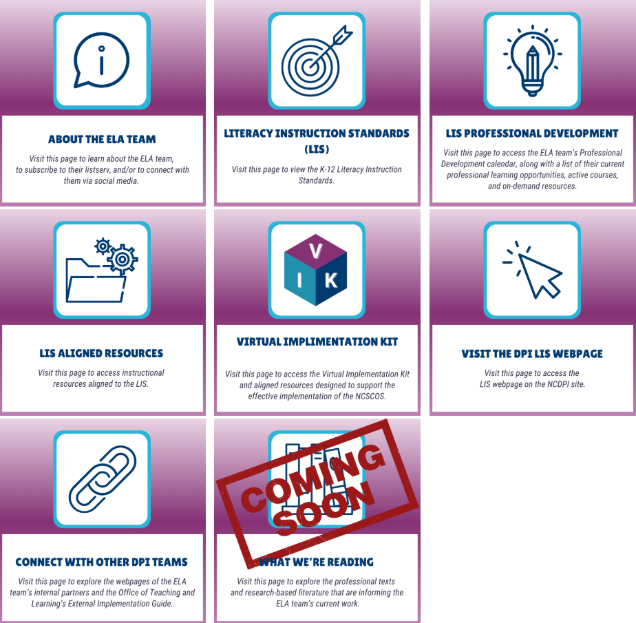 Literacy Instruction Standards Toolkit Homepage with Updated Icons