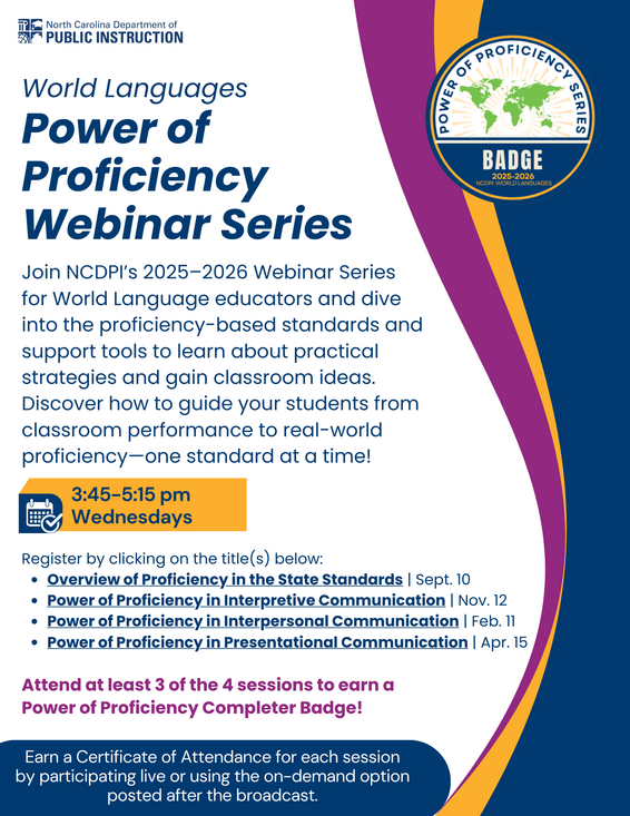 World Languages Power of Proficiency Webinar Series flyer for 2025-2026