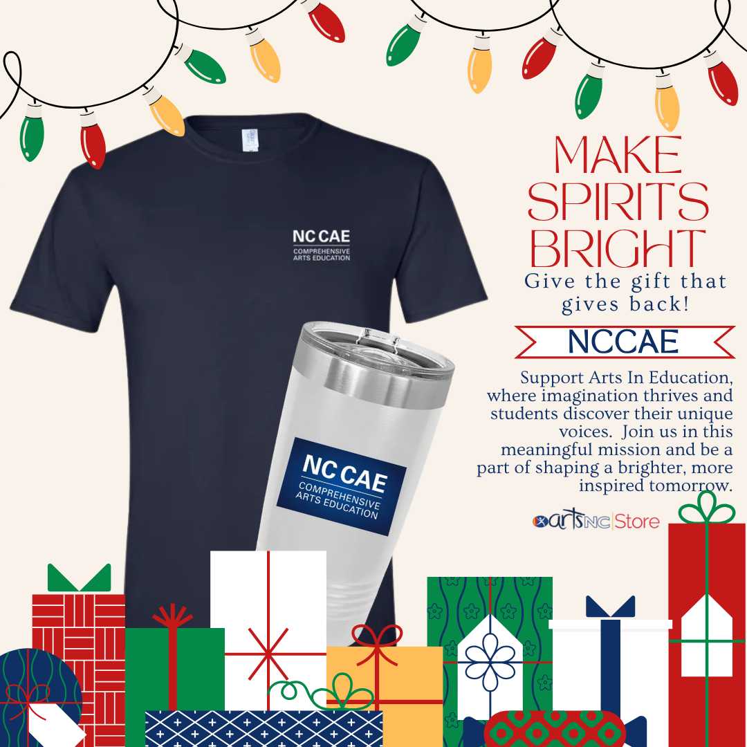 Image of a tshirt and a coffee thermos with the NC CAE logo on it from the ArtsNC Store