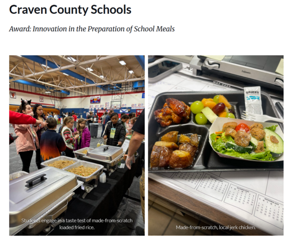 image of students engaged in taste test and another image with jerk chicken from scratch and salad and fruit