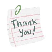 image of a piece of lined writing paper with thank you in pink and green