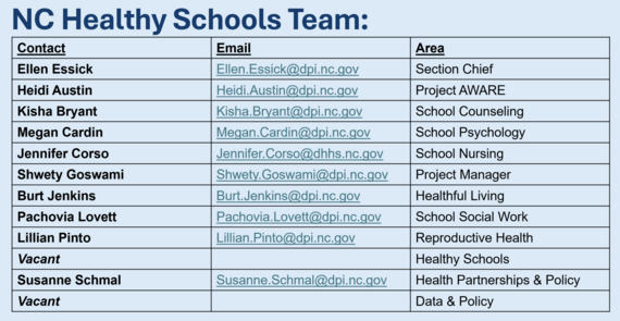 table of Healthy Schools team and contact info