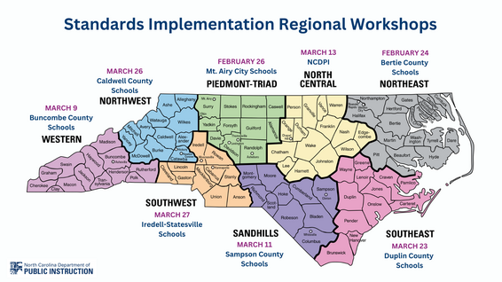 Map of North Carolina showing dates and locations of regional workshops