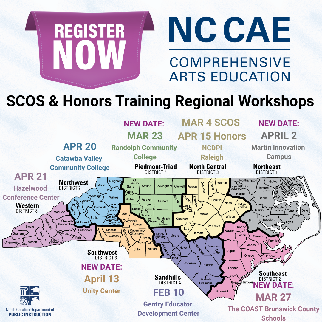 Map of NC with the dates for locations. Same locations listed below