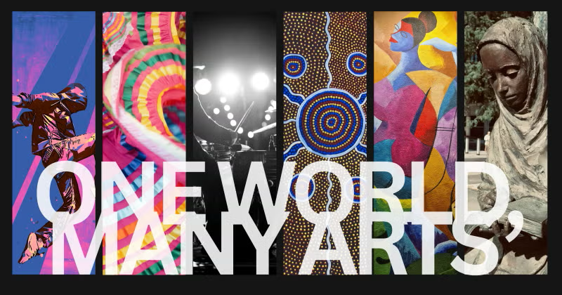 One world Many arts banner with artistic images of visual arts artifacts