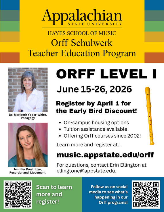 Appalachian State Unisersity manner for Orff Level I with images of Dr. Yoder White and Ms. Prestridge