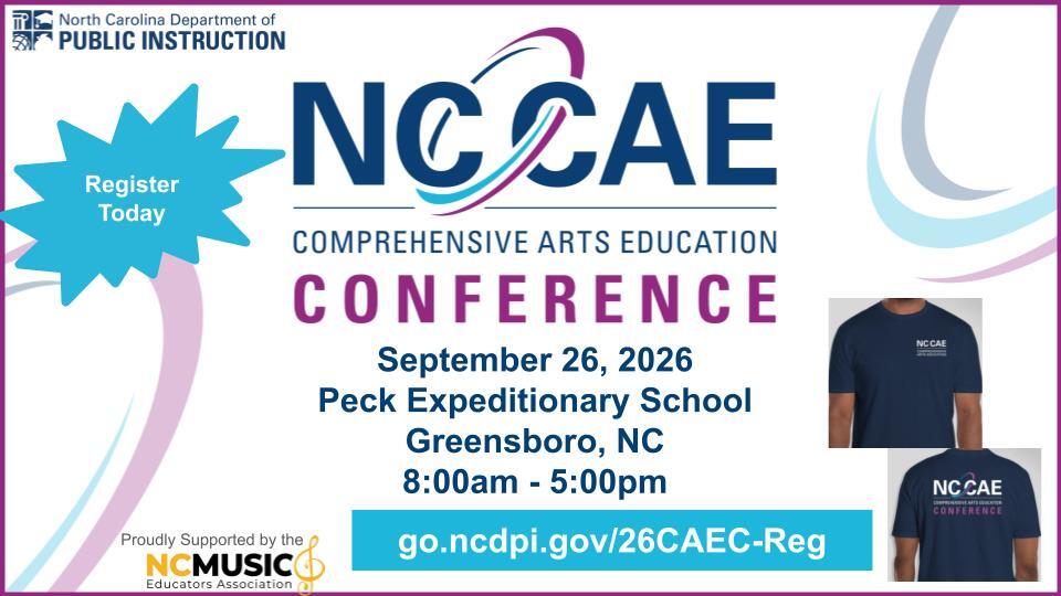 NC CAE Conference Logo Registration open with image of navy blue t-shirt with CAE logo on the front breast and CAE Conference Logo on the back