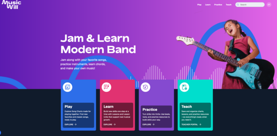 Jam and Learn banner with young girl playing electric guitar