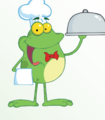 Kids eat free Frog holding plate of food