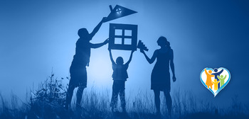 Silhouetted foster family holding up parts that make up a home