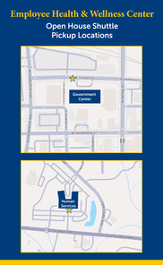 map showing shuttle locations for employee open house at health and wellness center