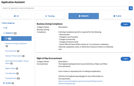 Screenshot of online Development & Permitting Services portal