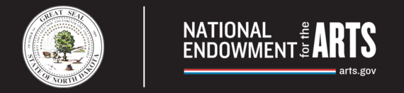 Long narrow and centered logos of National Endowment for the Arts and ND Great Seal on black background