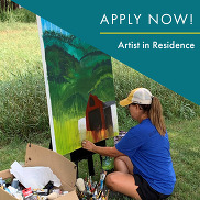 ND Parks Artist in Residence graphic showing a woman sitting on the grassy ground, painting on an easel on a canvas