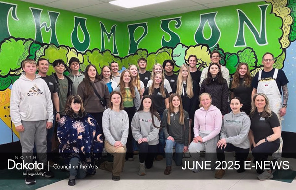 Header 0f NDCA June 2025 E-news showing 25 students and their teaching artist standing in front of a mural they created