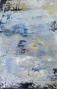 Abstract painting in soft blues, grays, and white tones with hints of gold and black titled "Celebration" by Fargo artist Nancy Ness