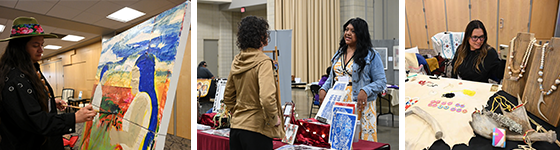 Collage of 3 Native American artists showcasing their painting, prints, and jewelry at booths at a conference