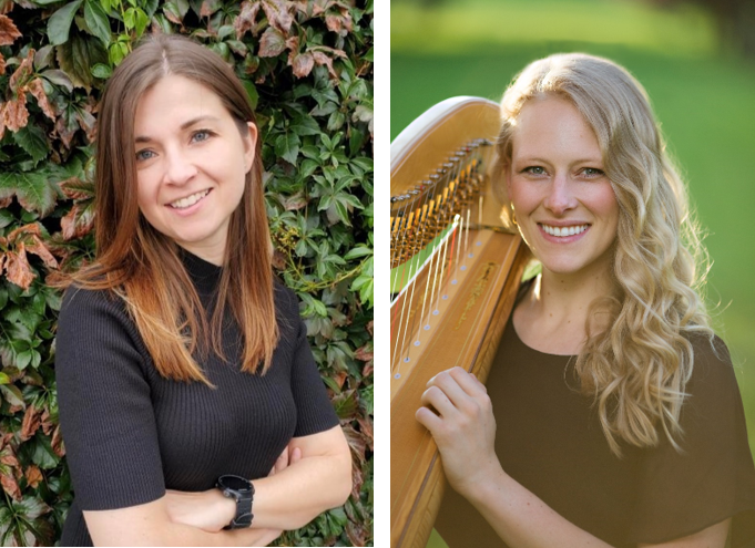 Sarah Beck (left) with straight dark hair, smiling with arms crossed; Callie Stadem (right) smiles, holding a harp, long blonde hair curled