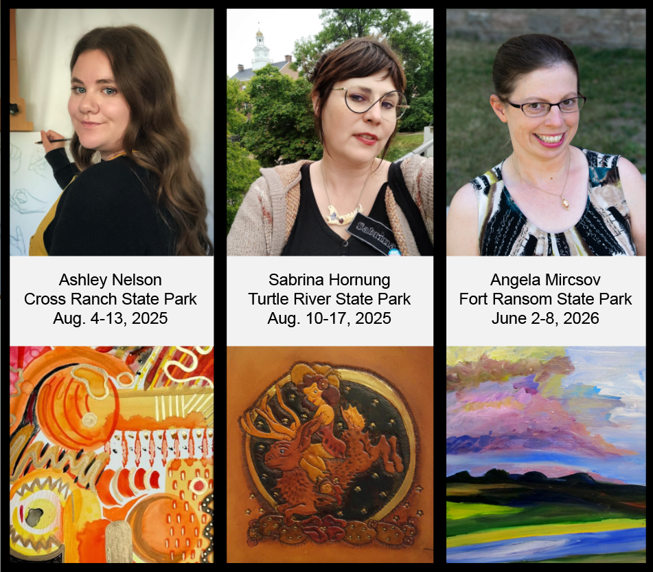 2025-26 North Dakota Parks and Recreation Artists in Residence recipients with names, dates, and locations of their residencies