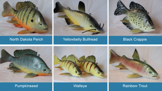 A collage of six handcrafted spearfish decoys carved and painted by Rick and Connie Whittier