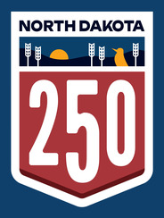 North Dakota 250 logo showing simple images of wheat, the sun, and a meadowlark