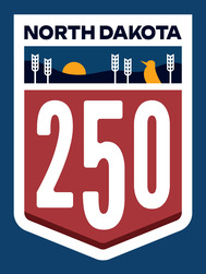 North Dakota 250 logo showing simple images of wheat, the sun, and a meadowlark