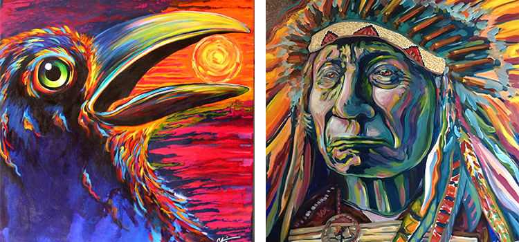 2 brightly colored acrylic paintings by ND artist Chris Wakefield depicting a raven & the head of a Native-American man wearing full regalia