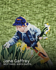 Fiber artist Jane Gaffrey's work called Nanna's Daffodils showing a young boy picking flowers, created in 2024