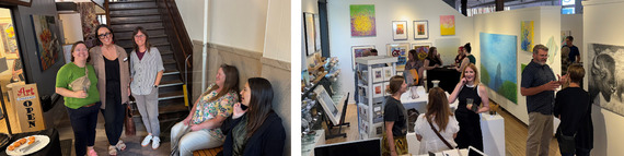 A two-panel image showing people inside an art gallery. On the left, several women pose. On the right, people mingle among artworks.