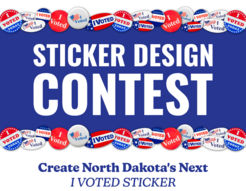 A poster for a North Dakota "I Voted" sticker design contest, with a deadline of November 15. The poster has various sticker designs.