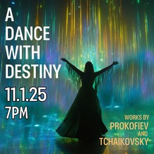 A poster for an event titled "A Dance with Destiny" featuring a silhouette of a person dancing with arms outstretched against a backdrop of lights.